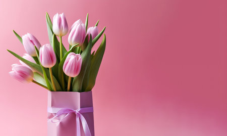Bouquet of pink tulips with bow on a pink background. High quality photoの素材