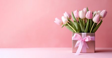 Bouquet of tulips in a gift box on a pink background. High quality photoの素材