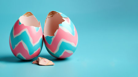 Broken eggs on blue background with copy space. Easter concept. High quality photoの素材