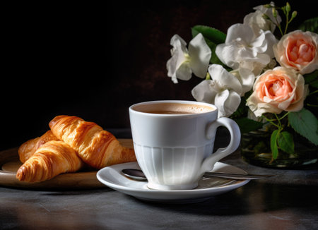 Cup of coffee with croissants and flowers on dark background. High quality photoの素材