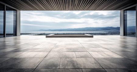 Empty floor and panoramic view of the city landscape background. High quality photoの素材