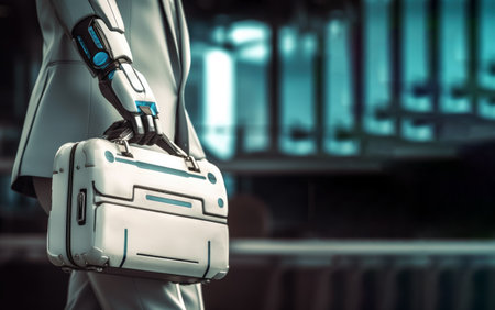 Close-up of robotic hand holding a briefcaseの素材