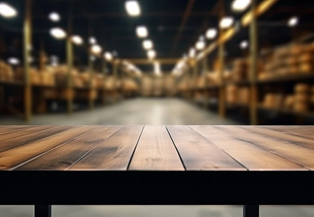 Empty wooden table and blurred warehouse background, product display montage. High quality photoの素材