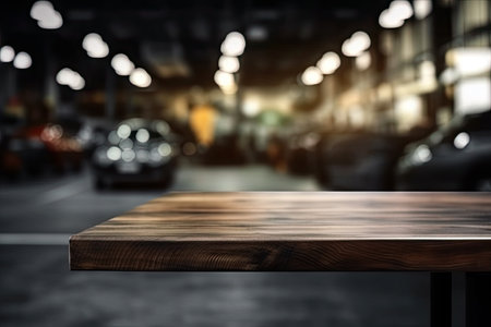 Empty wooden table and blurred background of car showroom with bokeh lights, product display montage. High quality photoの素材