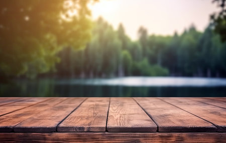 Wooden table in front of blurred lake summer forest nature background. Ready for product display montage. High quality photoの素材