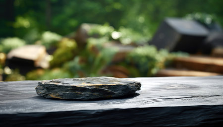 Empty black stone table top and blurred of tree garden background. High quality photoの素材