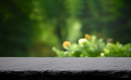 Empty black stone table top and blurred garden background. High quality photoの素材