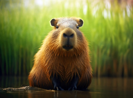 Brown capybara sitting by the lake with green forest background. High quality photoの素材