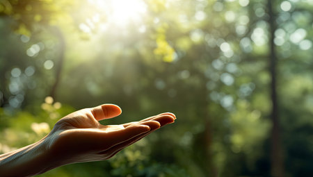 Human hand on green nature background with bokeh and sunlight. High quality photoの素材