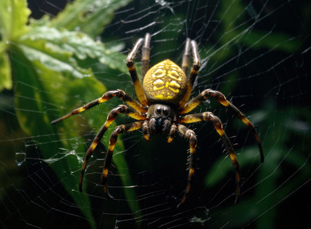 Yellow spider on the web in the forest. Close-up view. High quality photoの素材