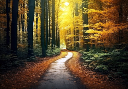 Beautiful autumn landscape in the forest. Road through the autumn forest. High quality photoの素材