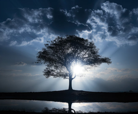 Silhouette of a tree with sun rays in the background. High quality photoの素材