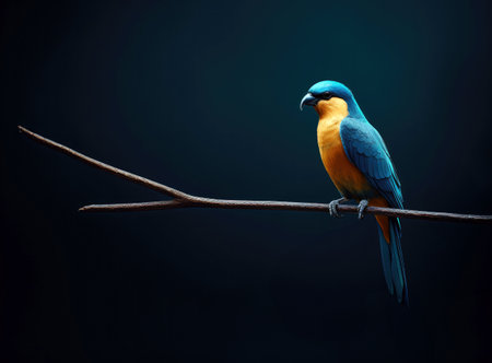Blue and yellow tanager bird sitting on a branch in a dark background. High quality photoの素材