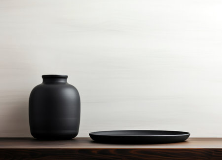 Black ceramic vase and black plate on wooden shelf against white wall bakcground. High quality photoの素材
