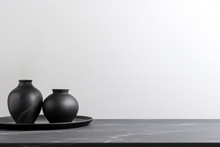 Black ceramic vases on a black marble table against a white wall background. High quality photoの素材