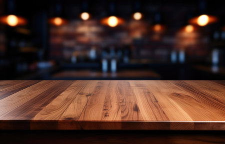 Empty wooden table rustic and blurred background of bar or pub. For product display. High quality photoの素材