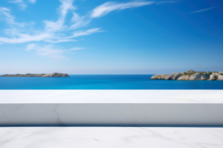 White marble table top with sea view background - can be used for display or montage your products. High quality photoの素材