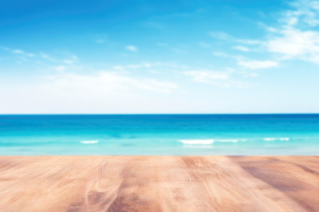 Wooden table top on blur seascape background - can be used for display or montage your products. High quality photoの素材