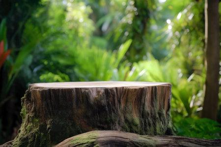 Wooden cut, round podium on the background of tropical plants. High quality photoの素材