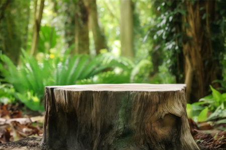 Empty wooden cut in front of green forest background. For product display. High quality photoの素材