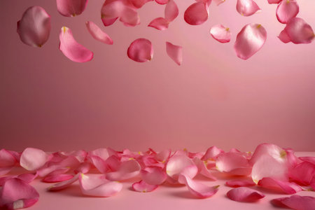 Pink rose petals flying on a pastel pink background with copy space. High quality photoの素材