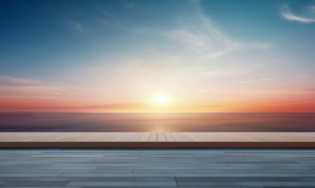 Empty wooden terrace floor with sea and sunset background. Perspective view. High quality photoの素材