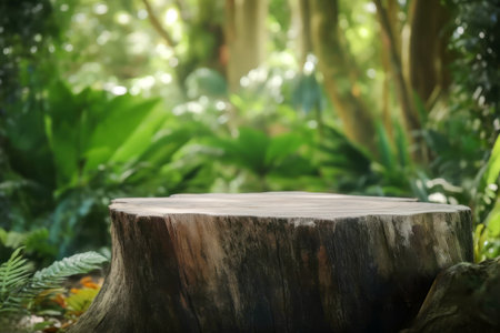 Empty wood cut saw on blur green forest background. For product display. High quality photoの素材
