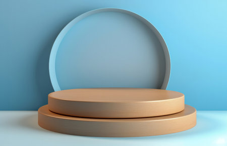 An array of cream-colored podiums brings a touch of nature to your product displays, complemented by a circular blue backdrop.の素材