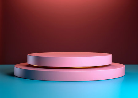 The placement of the pink podium with a backdrop of blue and red walls creates a very luxurious look for the product presentation.の素材