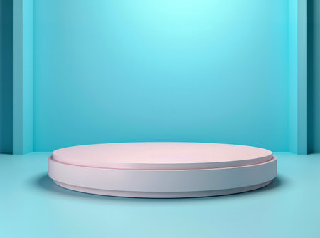 An elegant white circular podium with a bright sky-blue background is used to display or showcase products.の素材
