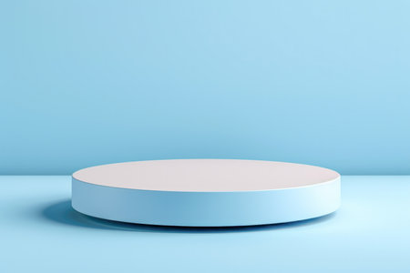 An empty white podium with a blue background mock-up is used for product presentation.の素材