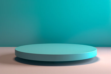 The blue podium is placed on top of a white table with a bright pastel blue wall background, creating a beautiful display to showcase the products perfectly.の素材