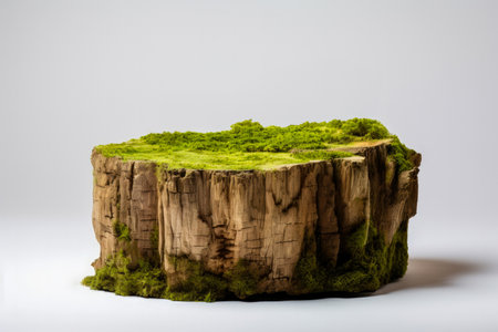 Green mossy wooden stump with a white background, portraying an eco-friendly concept.の素材