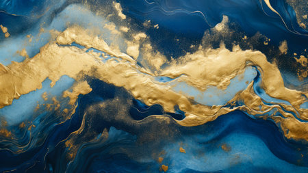 The acrylic abstract marble painting features a background filled with gradients of blue and gold powder. This combination creates an allure of luxury and natural beauty, accentuated by the ripple patterns of agate stone.の素材