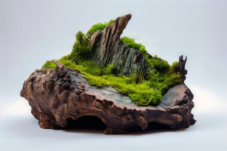 The tree stump adorned with green moss isolated on a white background creates a miniature plant.の素材