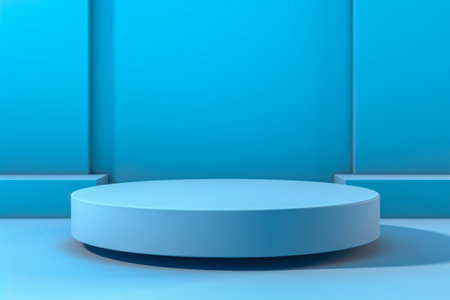 Product presentation featuring creative elements, set against a blue background and displayed on a round blue podium.の素材