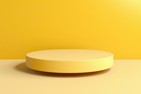 A yellow round podium with a minimalist design and a yellow background is used for mock up presentations, providing an attractive and elegant display for the products.の素材
