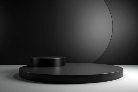 A double circular podium with a black color, placed on a black background with a gray base, showcases a presentation with artistic and abstract touches. High quality photo.の素材