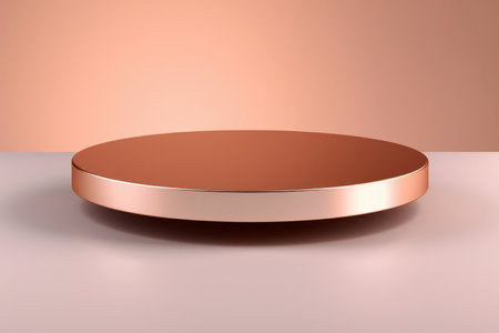 A round podium in brown color is used as a presentation platform for products, with a beige background that creates an elegant, geometric, and modern atmosphere.の素材