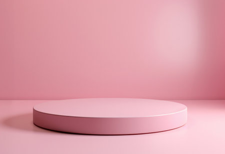 A podium or circular base is placed on a plain pink background, suitable for use as a template to depict products with a modern style.の素材