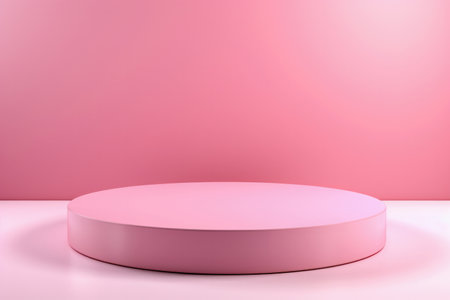 Round podium in pink color, with a geometric shape, accompanied by a pink wall background, depicts the presentation of products with a unique style. The podium comes with a white table as its base.の素材