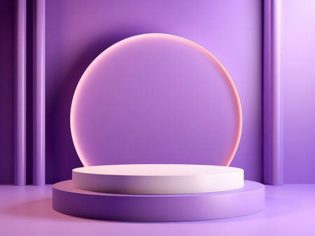 Simple geometric forms, showcased on a shining purple and white podium, with a captivating purple circular background that adds an artistic touch to the overall display.の素材