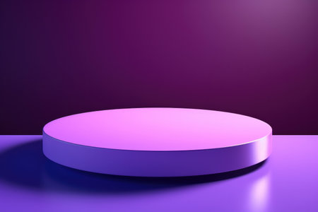 A circular purple podium takes center stage against a dark backdrop. Strategic lighting emphasizes its role, presenting products with a touch of luxury and exclusivity.の素材