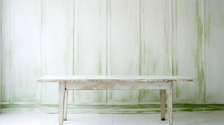 In a room with vibrant green and white walls, a pristine white table stands prominently, offering a striking contrast background. High quality photoの素材