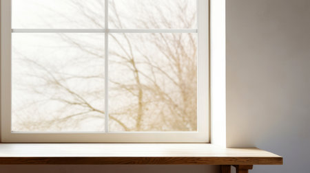 Empty wooden table with window frames a serene view of a majestic tree and sunlight background. High quality photoの素材