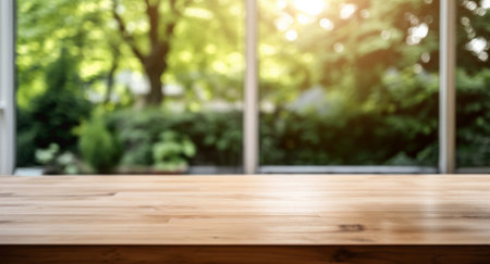 In a sunlit room, a empty wooden table sits by a window, offering glimpses of a blurred garden with lush trees outside. High quality photoの素材