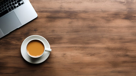 Coffee cup with laptop blank screen on wooden table. Top view with copy space. High quality photoの素材