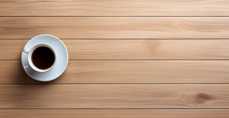 Coffee cup on wooden table. Top view with copy space. High quality photoの素材