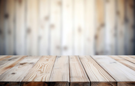 Empty wooden table over blurred wooden wall background, product display montage. High quality photoの素材