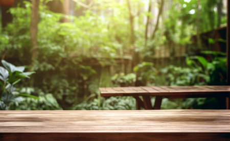 Wooden table top on blurred green garden background - can be used for display or montage your products. High quality photoの素材
